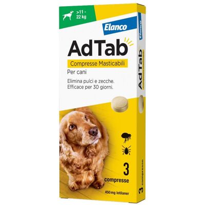 Elanco Italia Spa Adtab per Cani 11-22kg - 3 Compresse Masticabili 450mg - Trattamento pulci e zecche Elanco Italia Spa Adtab per Cani 11-22kg - 3 Compresse Masticabili 450mg - Trattamento pulci e zecche