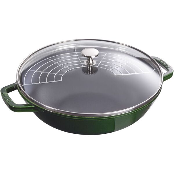 staub specialities wok con coperchio in vetro rotondo - 30 cm, basilico