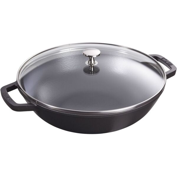 staub specialities wok con coperchio in vetro rotondo - 30 cm, nero