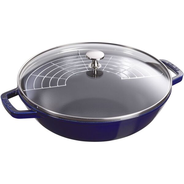 staub specialities wok con coperchio in vetro rotondo - 30 cm, blu scuro