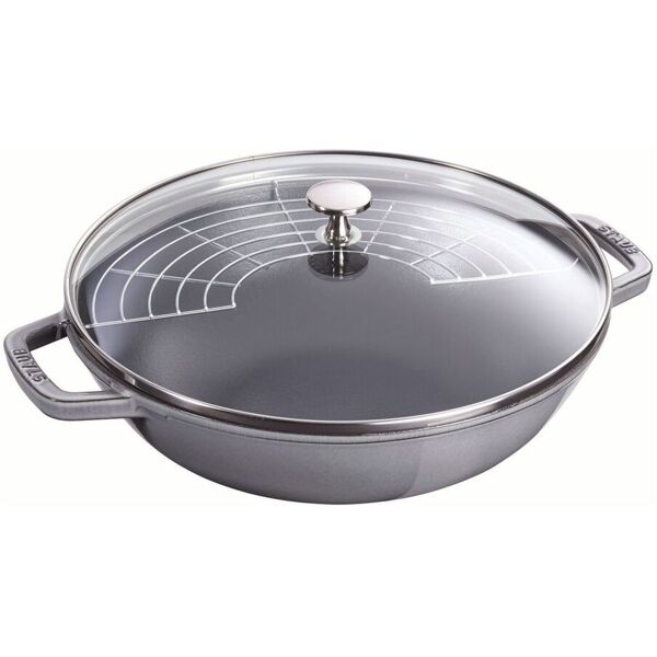 staub specialities wok con coperchio in vetro rotondo - 30 cm, grigio grafite