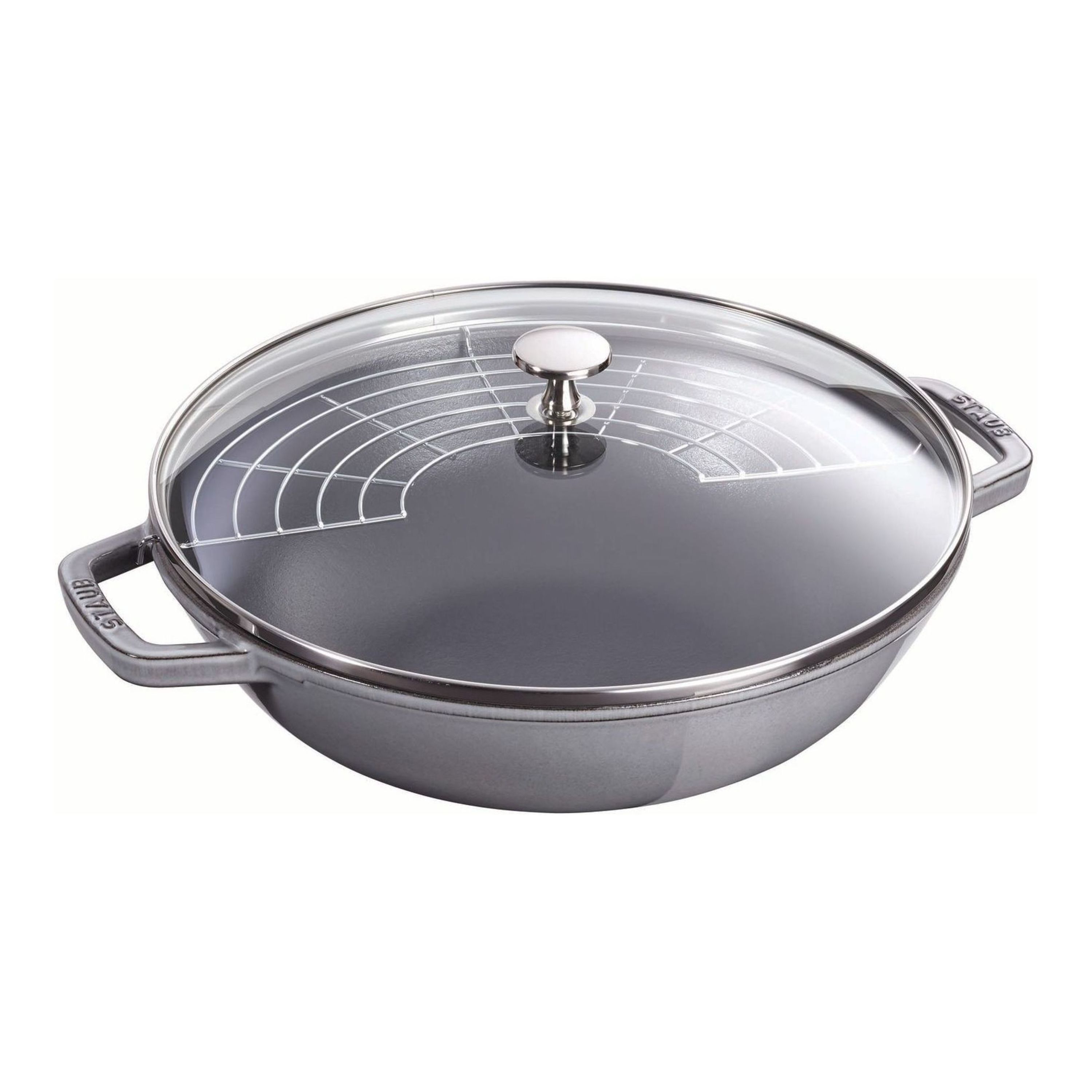 staub specialities wok con coperchio in vetro rotondo - 30 cm, grigio grafite