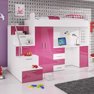 garneroarredamenti Cameretta 254x120cm 1 letto soppalco bambini bianco rosa lucido Simone Gihome®