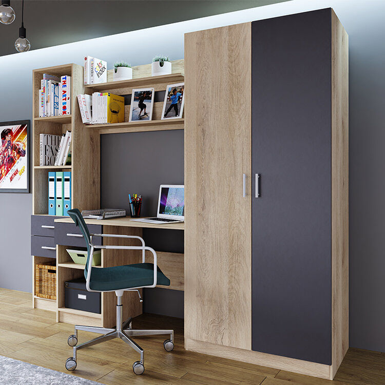 garneroarredamenti Armadio 220x180cm cameretta con scrivania e libreria rovere grigio antracite Alex Gihome®