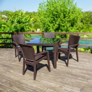 garneroarredamenti Set tavolo da giardino esterno dehors 90x90cm + 4 sedie effetto rattan marrone Solas