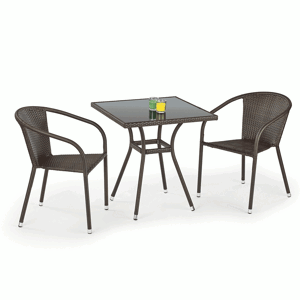 garneroarredamenti Set tavolo in vetro 70x70cm + 2 sedie da giardino in rattan marrone Cubby
