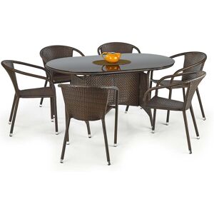 garneroarredamenti Set tavolo in vetro 150x90cm + 6 sedie da giardino in rattan marrone acciaio cromato Cubby