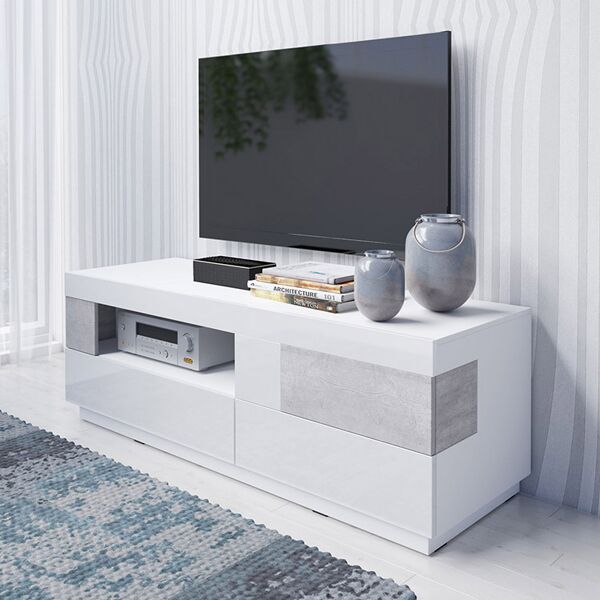 garneroarredamenti porta tv 160x54cm 2 cassetti bianco lucido cemento bahama