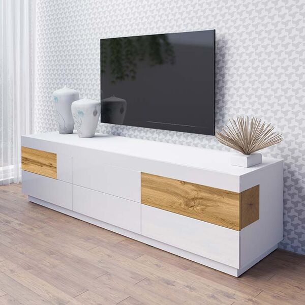 garneroarredamenti mobile porta tv 6 cassetti 206x54cm bianco lucido rovere bahama