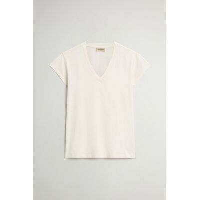 Woolrich donna T-shirt con scollo a V in puro cotone fiammato Bianco Taglia S Woolrich donna T-shirt con scollo a V in puro cotone fiammato Bianco Taglia S