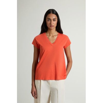 Woolrich donna T-shirt con scollo a V in puro cotone fiammato Rosso Taglia XL Woolrich donna T-shirt con scollo a V in puro cotone fiammato Rosso Taglia XL