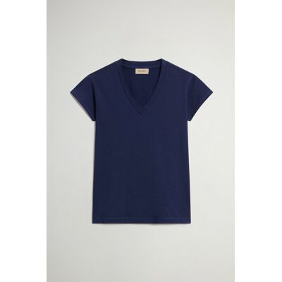 Woolrich donna T-shirt con scollo a V in puro cotone fiammato Blu Taglia S Woolrich donna T-shirt con scollo a V in puro cotone fiammato Blu Taglia S