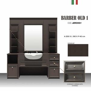 POSTAZIONE DA BARBIERE VINTAGE WENGE' BARBER SHOP COMPLETA DI SPECCHIO, LAVANDINO IN CERAMICA, DOCCETTA E MISCELATORE