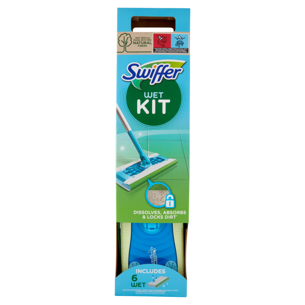 Swiffer Wet Kit Scopa + 6 Panni Umidi Lavapavimenti con Detersivo Pavimenti -