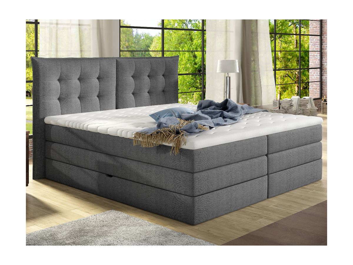 Palacio Set letto boxspring con testata + base del letto con contenitore + materasso + topper PLAISIR di PALACIO - tessuto grigio - 160 x 200 cm