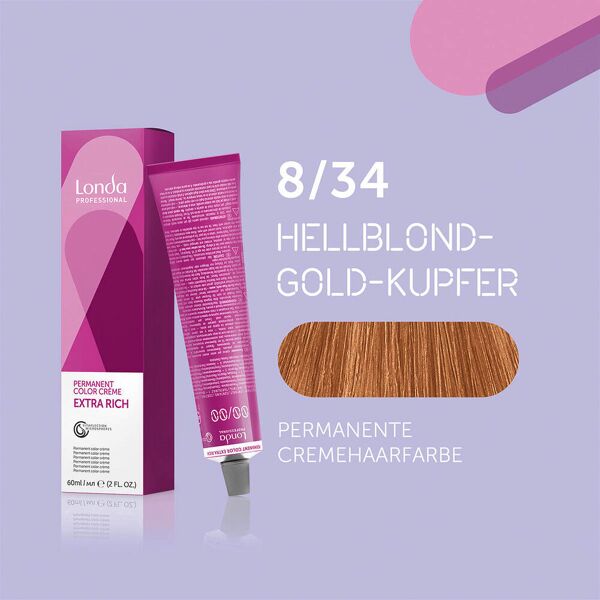 londa colore per capelli in crema permanente extra rich 8/34 biondo chiaro oro rame, tubo 60 ml