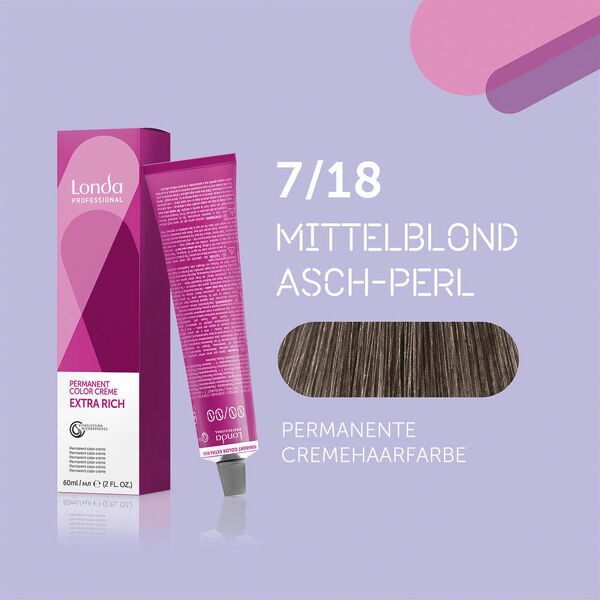 londa colore per capelli in crema permanente extra rich 7/18 perla bionda media di cenere, tubo 60 ml