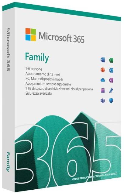 Microsoft 365 Family Italian Eurozone Subscr 1yr Medialess P10 Fino 6 Utenti - 5pc/mac + 5 Smartphone + 5 Tablet 6gq-01932