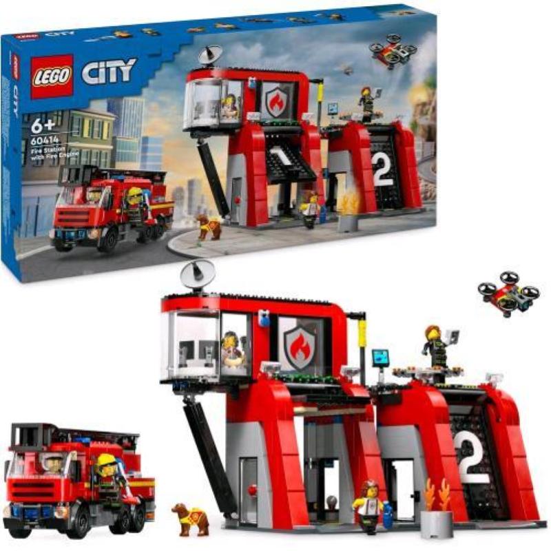 Lego City 60414 Caserma Dei Pompieri E Autopompa Con Camion Giocattolo, 6 Minifigure, Cane E Accessori, Gioco Per Bambini 6+
