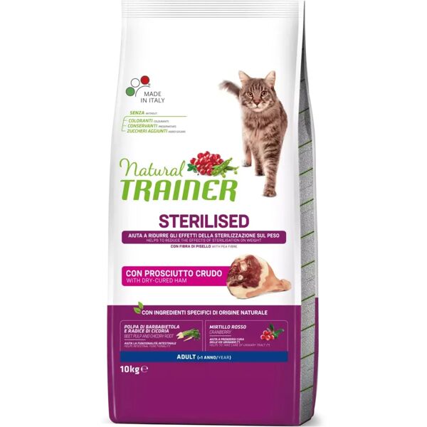 trainer - nova food natural trainer gatto adulto sterilizzato con prosciutto crudo 10 kg gatto > cibo secco erba e croccantini > adulto