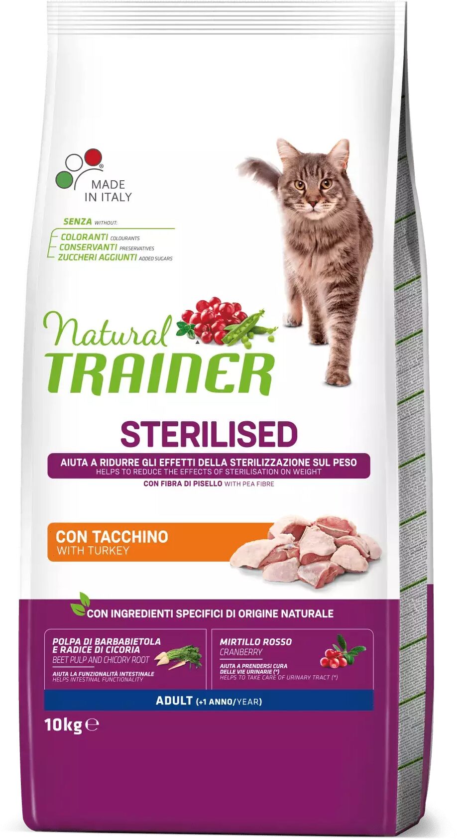 trainer - nova food natural trainer gatto adulto sterilizzato con tacchino 10 kg gatto > cibo secco erba e croccantini > adulto