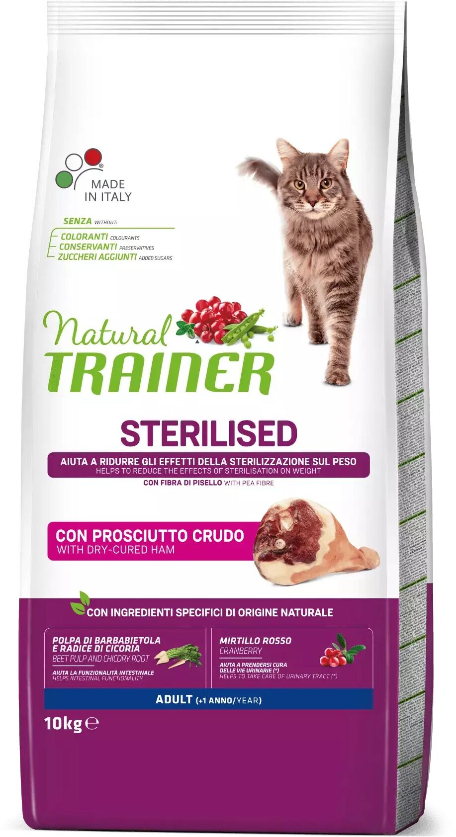 trainer - nova food natural trainer gatto adulto sterilizzato con prosciutto crudo 10 kg gatto > cibo secco erba e croccantini > adulto