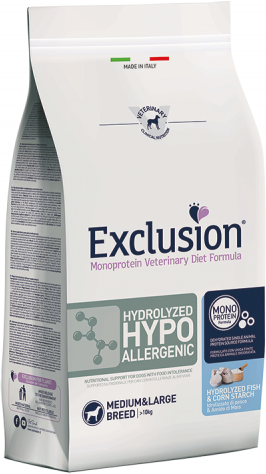 EXCLUSION Cane Monoprotein Veterinary Diet Hydrolized Hypoallergenic Adulto Medium&Large; Pesce&Amido; Di Mais 12 Kg Cane > Cibo Secco e Croccantini > Adulto