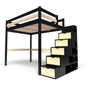 ABC MEUBLES Letto a soppalco legno con scala cubo Sylvia - 120x200 - Nero/Vernici Naturali