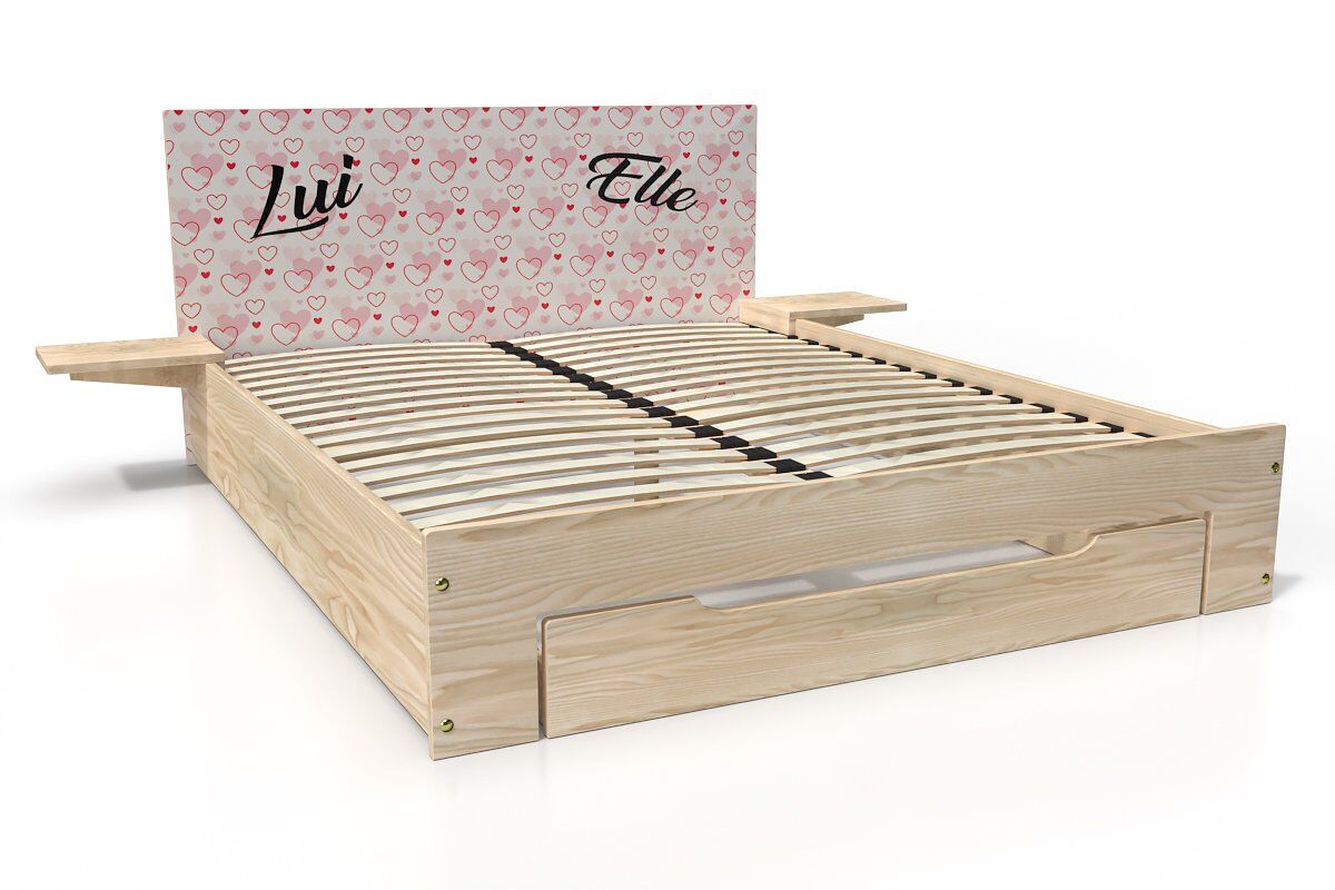 abc meubles letto in legno happy 2 posti con cassetto + comodini - 140x190 - décor amour