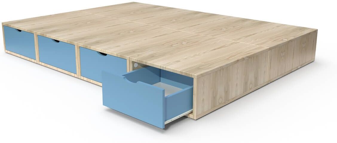 ABC MEUBLES Letto matrimoniale con cassetto Cube - 140x200 - Vernice Naturale/Polvere blu