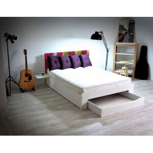 ABC MEUBLES Letto in legno Happy 2 posti con cassetto + comodini - 160x200 - Strisce di Zucca, Anice e Fucsia