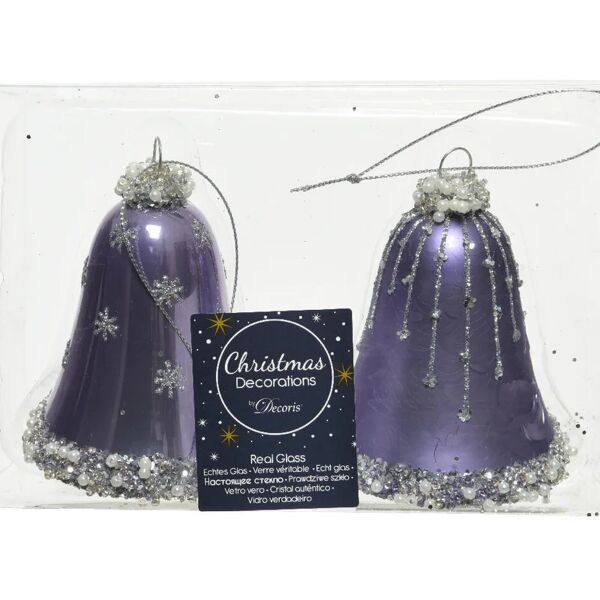 decoris decorazione per albero di natale a forma di campanelle in vetro , colore viola, 2 pezzi