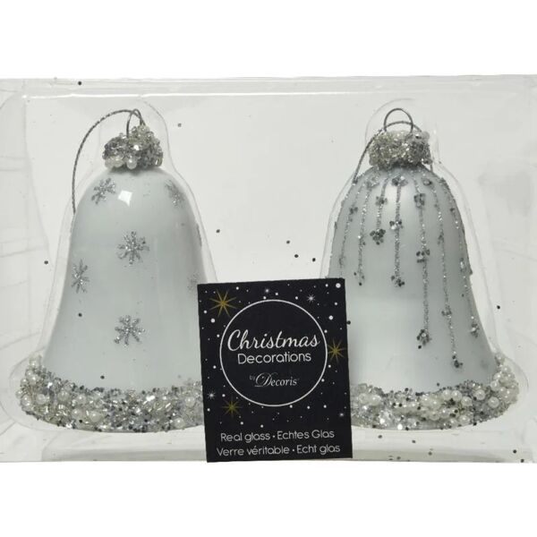 decoris decorazione per albero di natale campanella in vetro  h 8 cm, , colore bianco, 2 pezzi