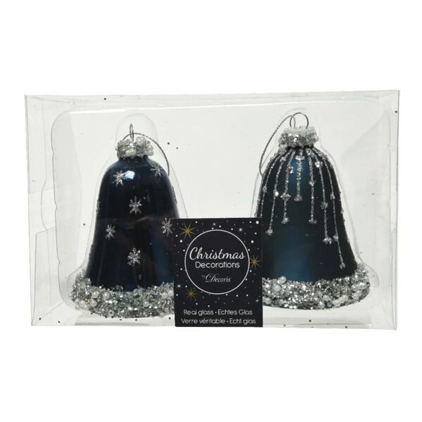 decoris decorazione per albero di natale campanella in vetro  h 8 cm, , colore blu, 2 pezzi