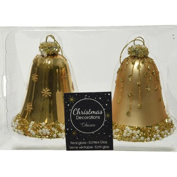 decoris decorazione per albero di natale campanella in vetro  h 2 cm, , colore giallo / dorato, 2 pezzi