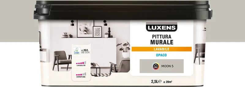 luxens pittura per interni lavabile,  opaca grigio moon 5 opaco, 2.5 l