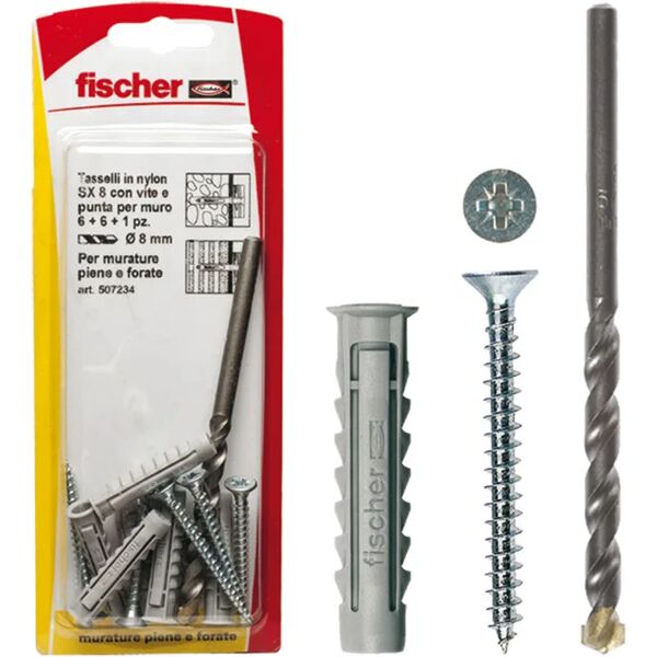 fischer tasselli e punta muro w 100 tasselli sx 8 k con vite (6 pz.)