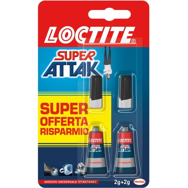 loctite colla in cianoacrilato per ceramica, metallo, cuoio, legno, plastica  super attak liquido 2 tubetti da 2g