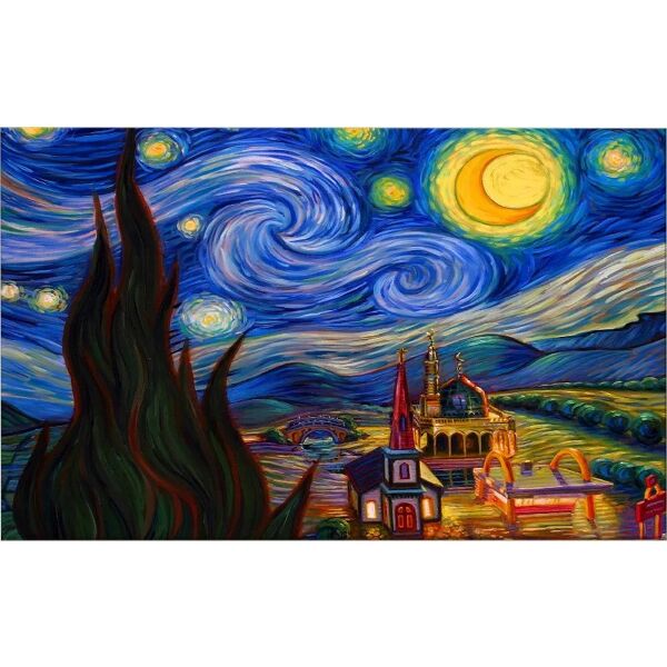 homemania stampa su tela ispirazioni d'autore notte stellata van gogh in tela in poliestere, cornice in legno, multicolore,