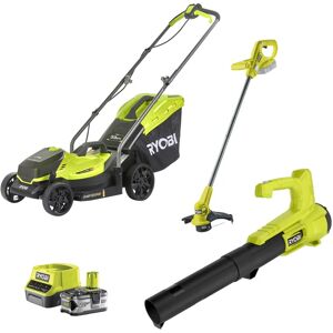 Ryobi Kit motorizzato giardino  set di:tagliaerba a batteria , tagliabordi a batteria , soffiatore a batteria , batteria , set caricabatteria