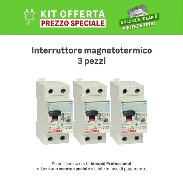 bticino kit interruttore magnetotermico  gc8813ac16 1p +n 16a 4.5ka c 2 moduli 230v, 3 pezzi