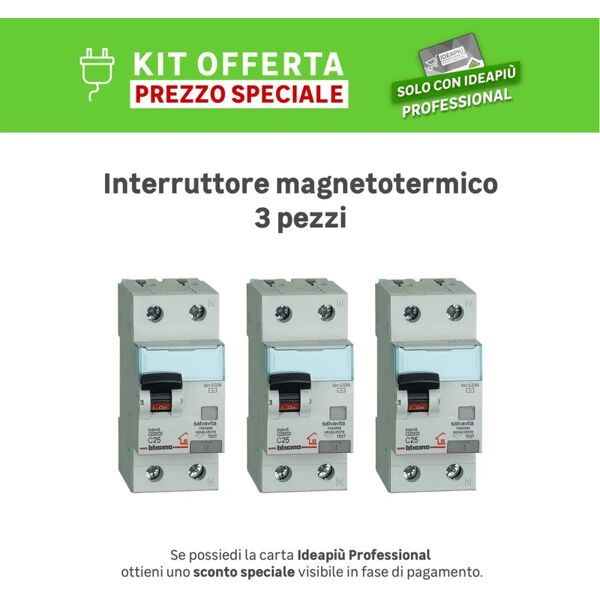 bticino kit interruttore magnetotermico  gc8813ac25 1p +n 25a 4.5ka c 2 moduli 230v, 3 pezzi