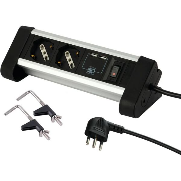 electraline multipresa in salita automatico 4 posti, 2 prese universali, 2 usb, spina salva spazio, con cavo 2.0 m, alluminio/nera,