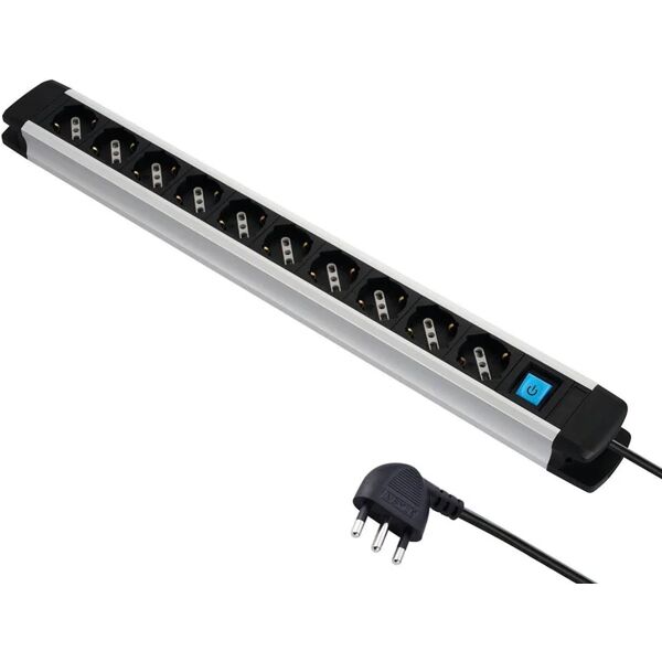 electraline multipresa con raccoglicavo luminoso 10 posti, 10 prese universali, spina salva spazio, con cavo 2 m, alluminio/nera,