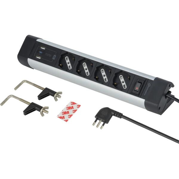 electraline multipresa 4 posti, 3 usb, alluminio,