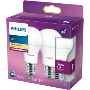 Philips Set da 2 lampadine LED, goccia, opaco, luce calda, 11W=1055LM (equiv 75 W), 200° ,