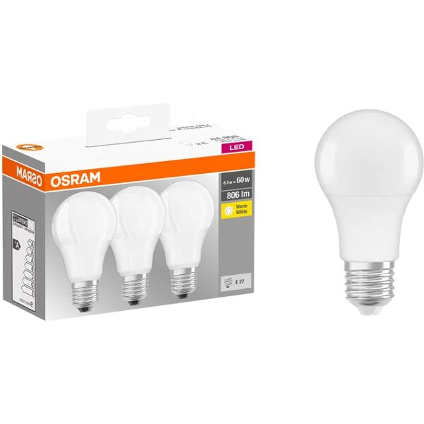 osram set da 3 lampadine led, goccia, opaco, luce calda, 8.5w=470lm (equiv 60 w), 240° ,