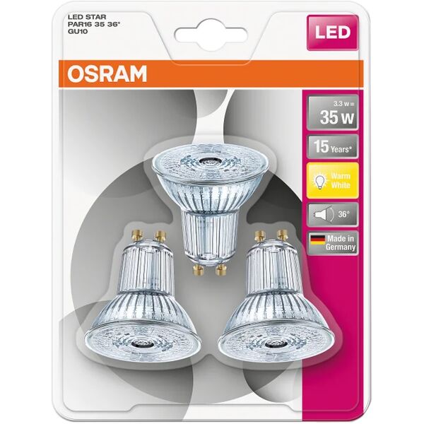 osram set da 3 lampadine led, faretto, trasparente, luce calda, 2.6w=230lm (equiv 35 w), 36° ,