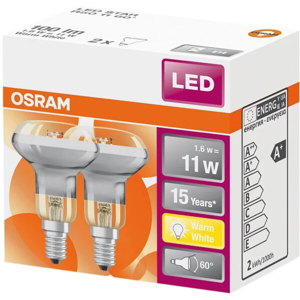 osram set da 2 lampadine led, faretto, trasparente, luce calda, 1.6w=110lm (equiv 12 w), 60° ,