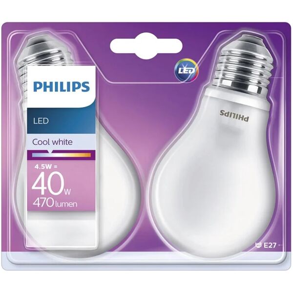 philips 2 lampadine led smd, e27, goccia, opaco, luce naturale, 4.5w=470lm (equiv 40 w), 360° ,